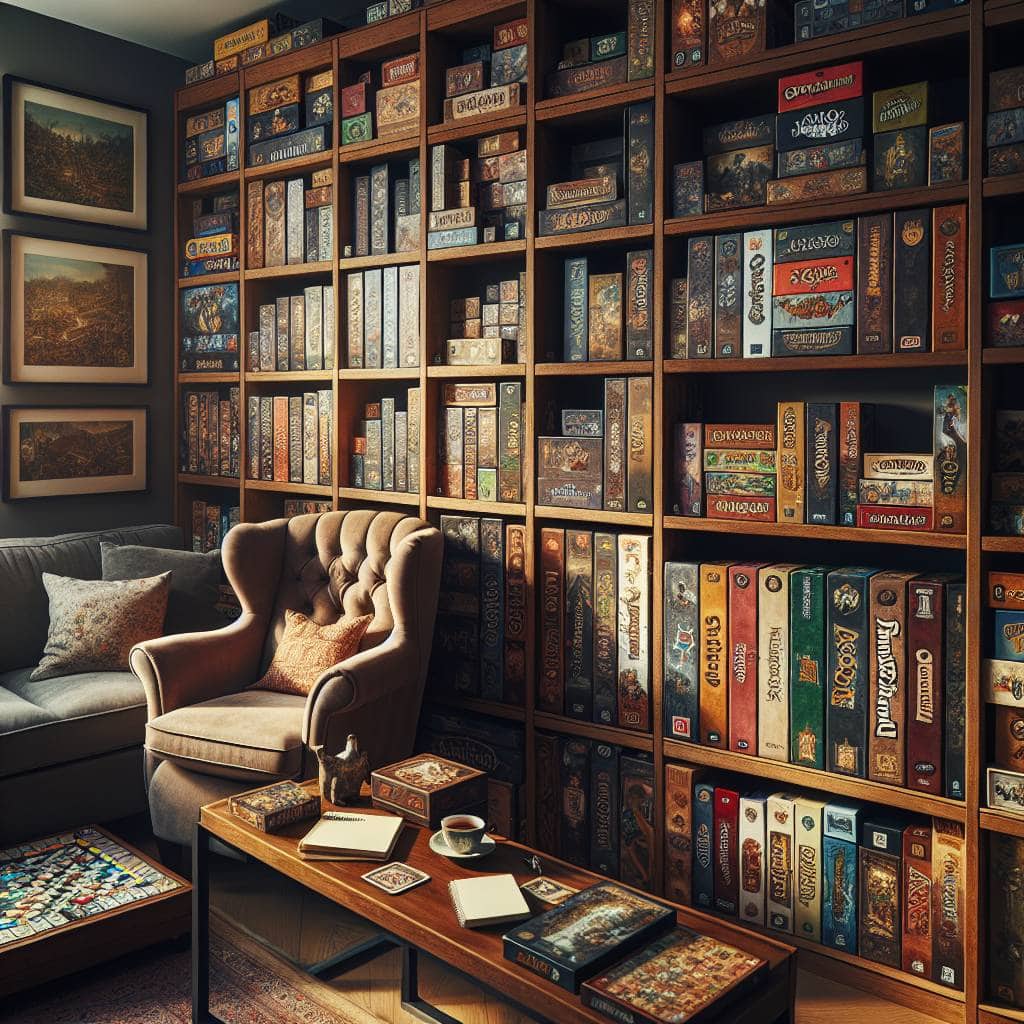 Organizing board game collections in cozy corner.
