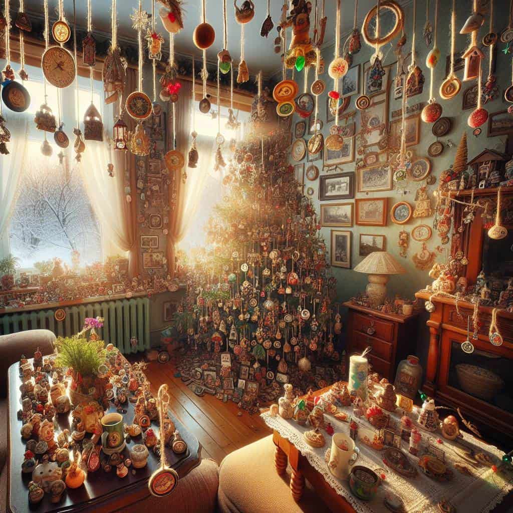 Cozy personalized holiday decorations in living room.