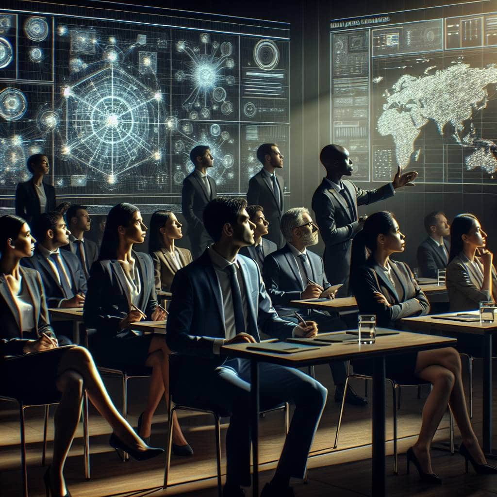 Professionals discussing self-healing cybersecurity systems.