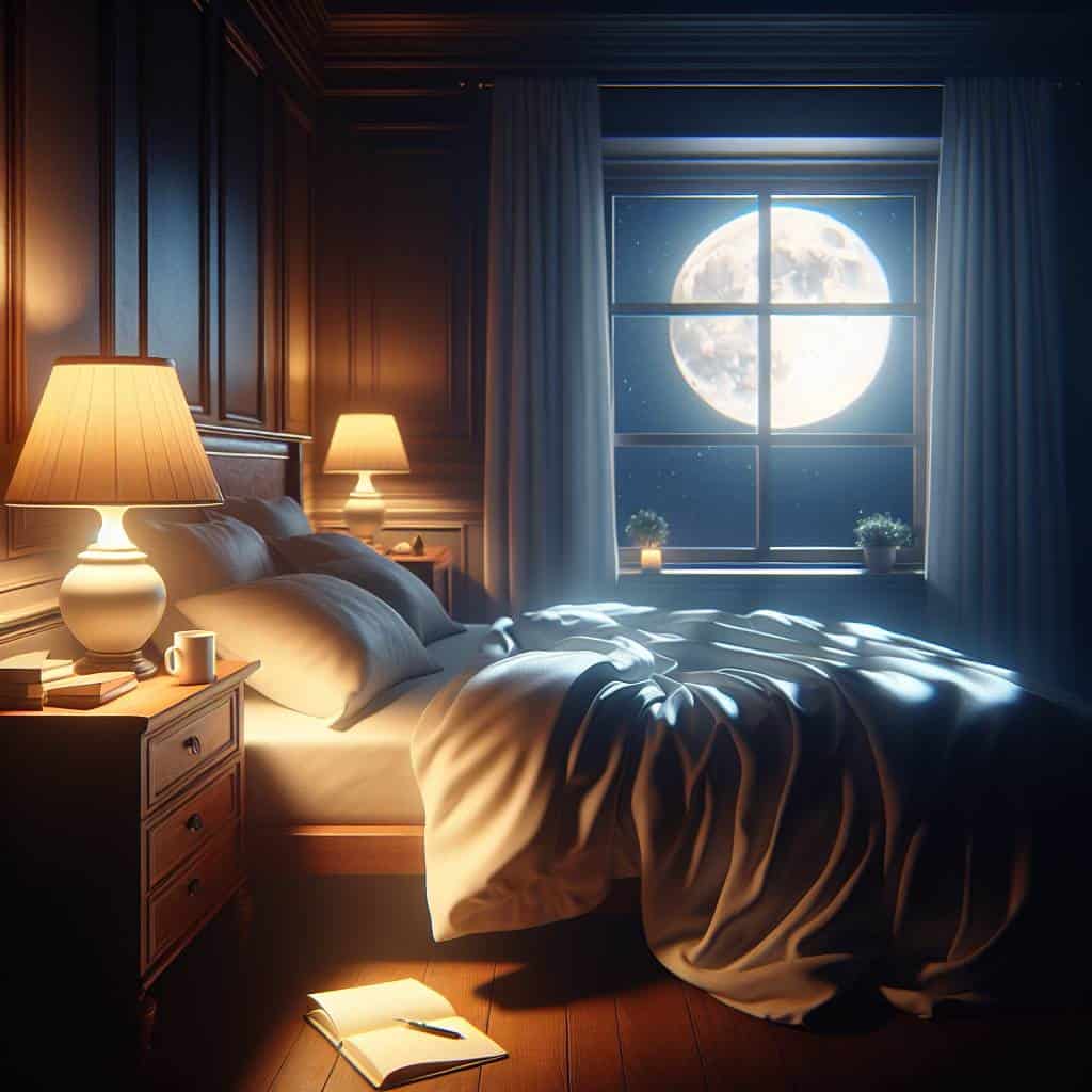 Sleep hygiene checklist serene bedroom scene.