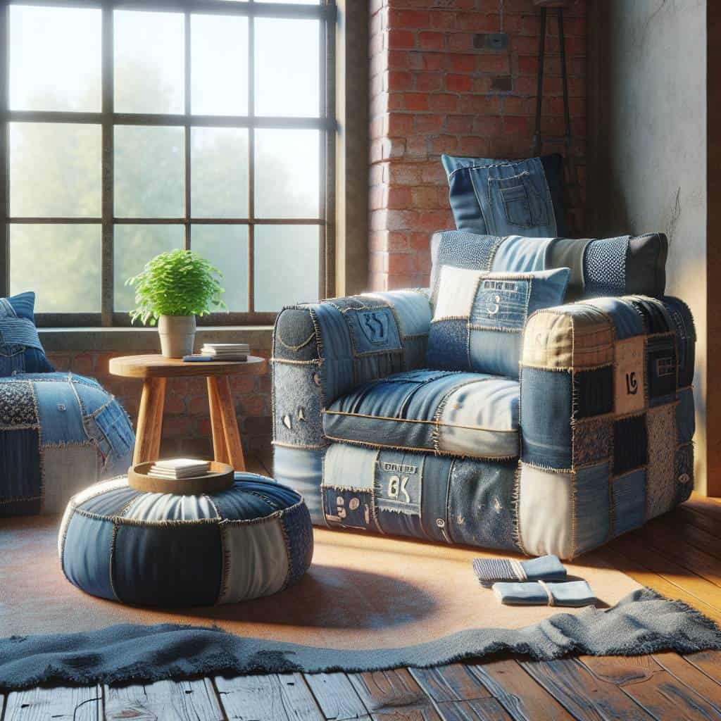 Upcycling old jeans into home decor items.
